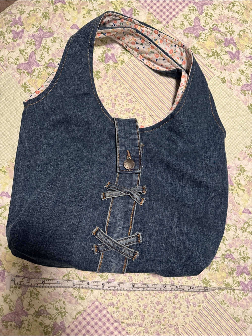 Denim Shoulder Tote Bag with Floral Lining